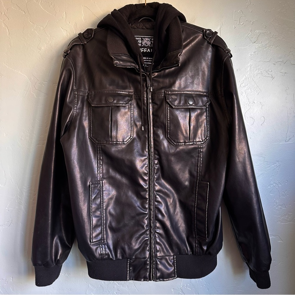 Buffalo David Bitton Men’s Black Faux Leather Double‎ Zip Hooded Bomber Jacket M